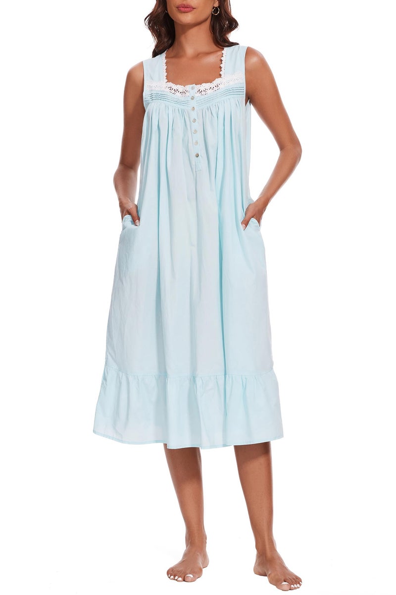 AVIIER 100% Cotton Nightgowns for Women Sleeveless Sleep Dress Ladies Gowns Sleepwear with Pockets (Light Blue, Small) - Image 1