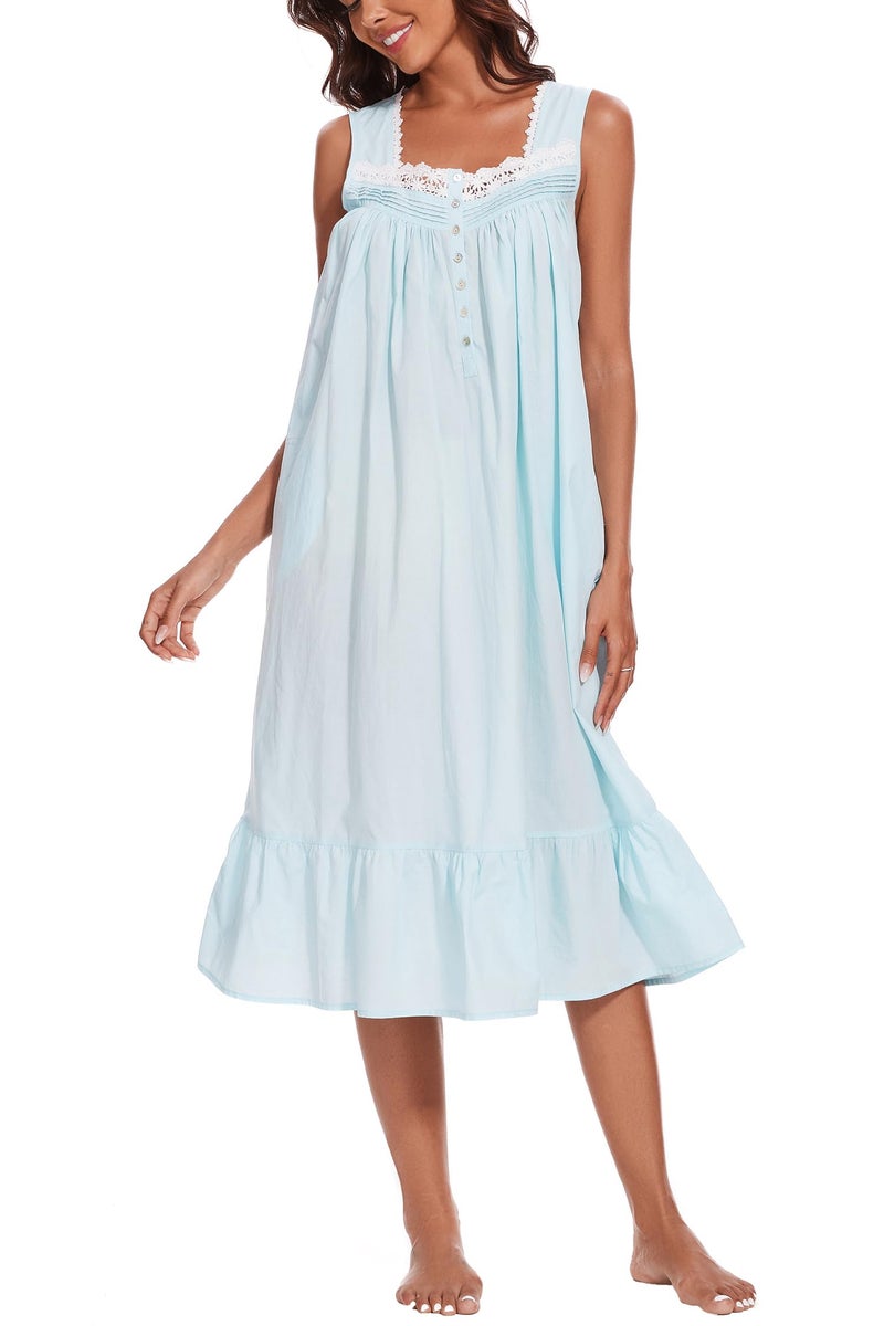 AVIIER 100% Cotton Nightgowns for Women Sleeveless Sleep Dress Ladies Gowns Sleepwear with Pockets (Light Blue, Small) - Image 2