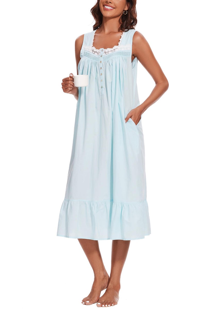 AVIIER 100% Cotton Nightgowns for Women Sleeveless Sleep Dress Ladies Gowns Sleepwear with Pockets (Light Blue, Small) - Image 4
