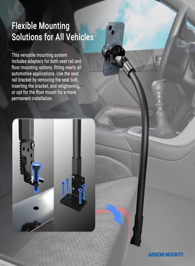 ARKON Mounts RoadVise XL Phone Holder with Seat Rail & Floor Mount | for Cars & Trucks | Solid & Flexible 18" Gooseneck | Solid 3.75" Shaft | Compatible with iPhone, Samsung, Pixel & More - Image 4