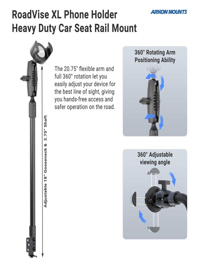 ARKON Mounts RoadVise XL Phone Holder with Seat Rail & Floor Mount | for Cars & Trucks | Solid & Flexible 18" Gooseneck | Solid 3.75" Shaft | Compatible with iPhone, Samsung, Pixel & More - Image 3