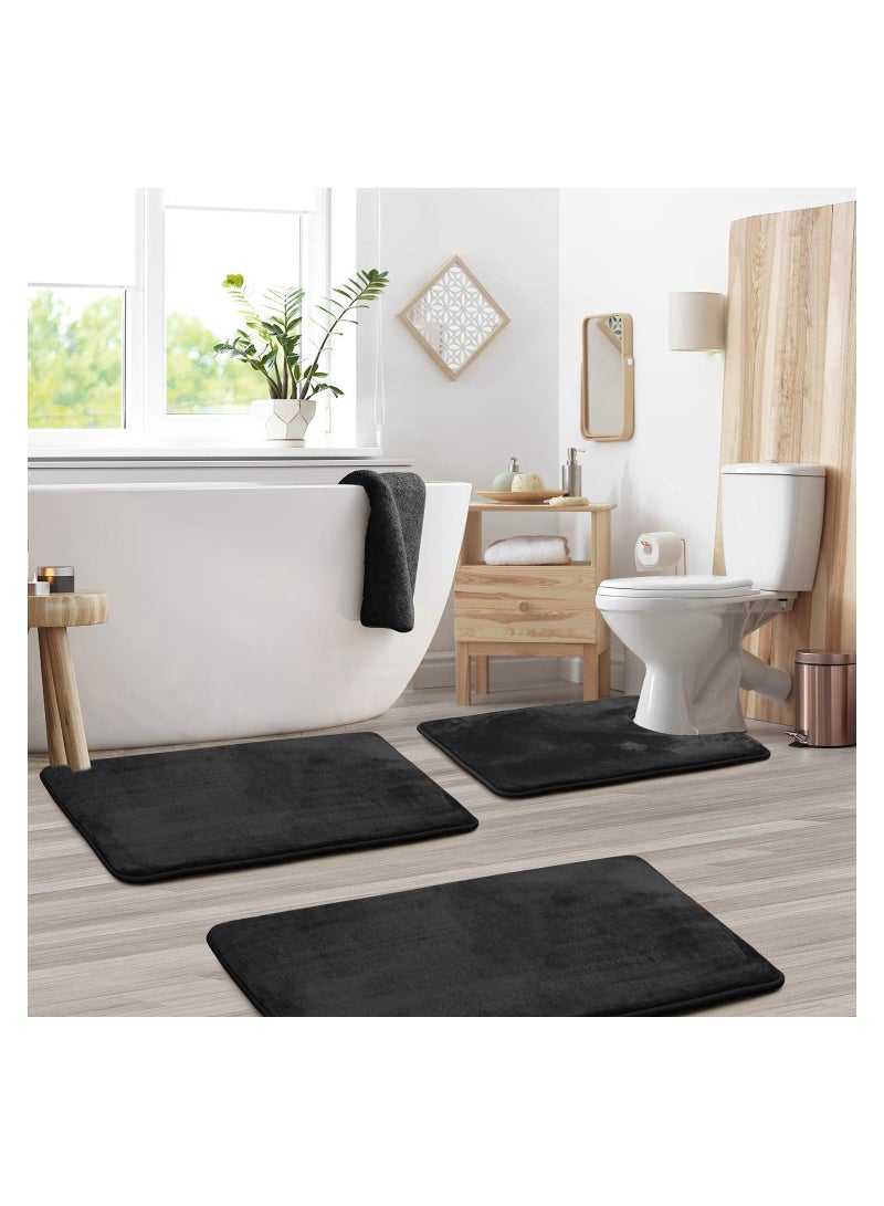 KASTWAVE Bathroom Toilet Carpet Mat, Pamper Your Feet with Luxurious Velvet Memory Foam Bath Mats - Non-Slip, Quick-Drying, and Machine Washable - 3-piece Silver Bathroom Rug Set (Black) - Image 1