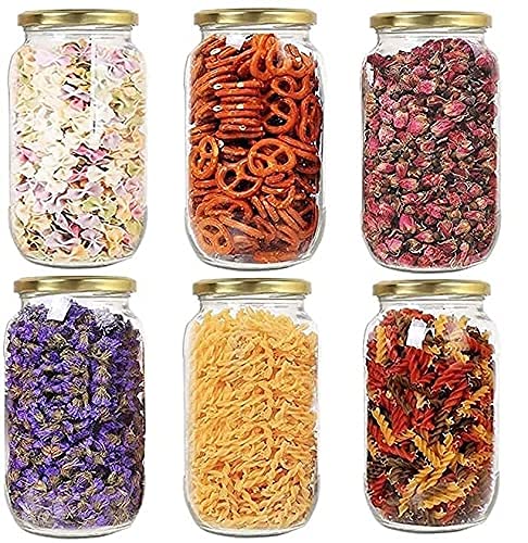 Ezalla1 Liter Round Glass Jar and Container 1000 ml with Rust Proof Air Tight Golden Lid for Kitchen Storage Jar Pickle Glass Sauce Jam jar PACK OF 6 - Image 1