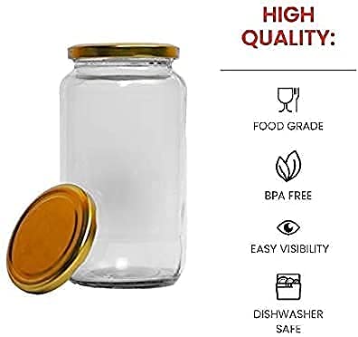 Ezalla1 Liter Round Glass Jar and Container 1000 ml with Rust Proof Air Tight Golden Lid for Kitchen Storage Jar Pickle Glass Sauce Jam jar PACK OF 6 - Image 2
