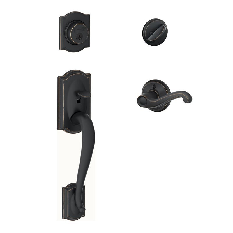 SCHLAGE Lock Company Camelot Single Cylinder Handleset and Left Hand Flair Lever Aged Bronze F60 CAM 716 FLA LH