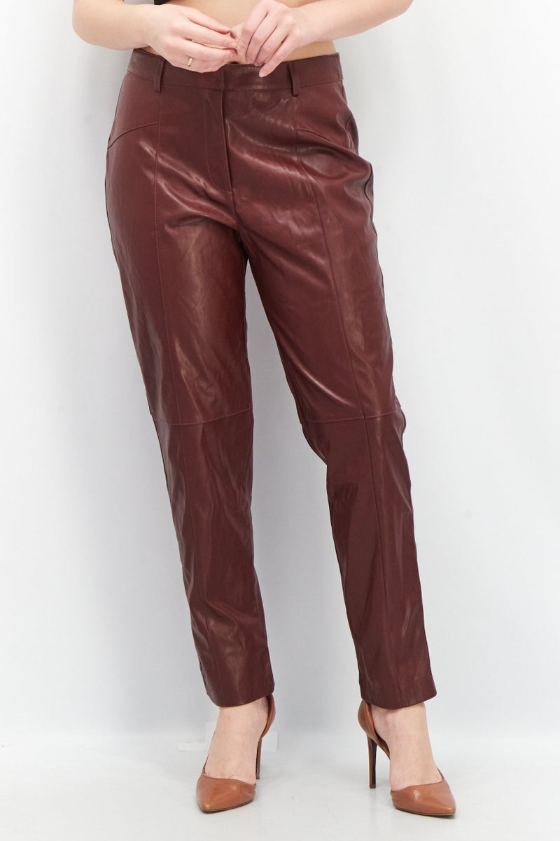 EDC Women Regular Fit Solid Faux Leather Pants, Maroon - Image 1