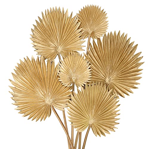 DILATATA 6 Pcs Pu Foam Artificial Gold Palm Leaves Faux Palm Tropical Leaves Fake Palm Fronds for DIY Wedding Bouquets Fake Leaves for Centerpieces Arrangements Palm Leaf for Party Home Decorations - Image 1