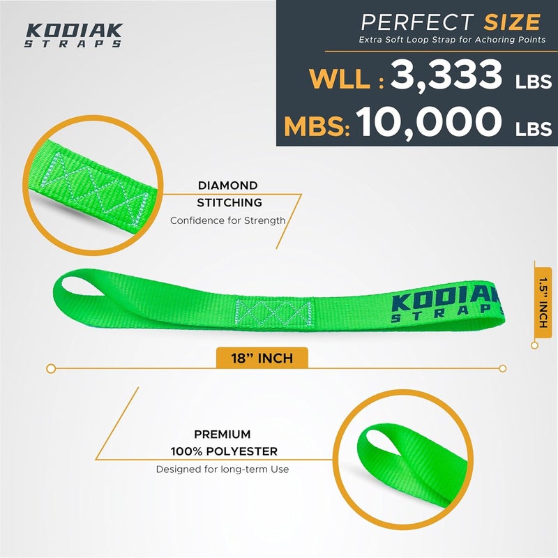 KODIAK STRAPS Soft Loop Tie Down - 1.5 x 18 inches - 10,000 lb Load Capacity - Green 6 Pack - Image 3