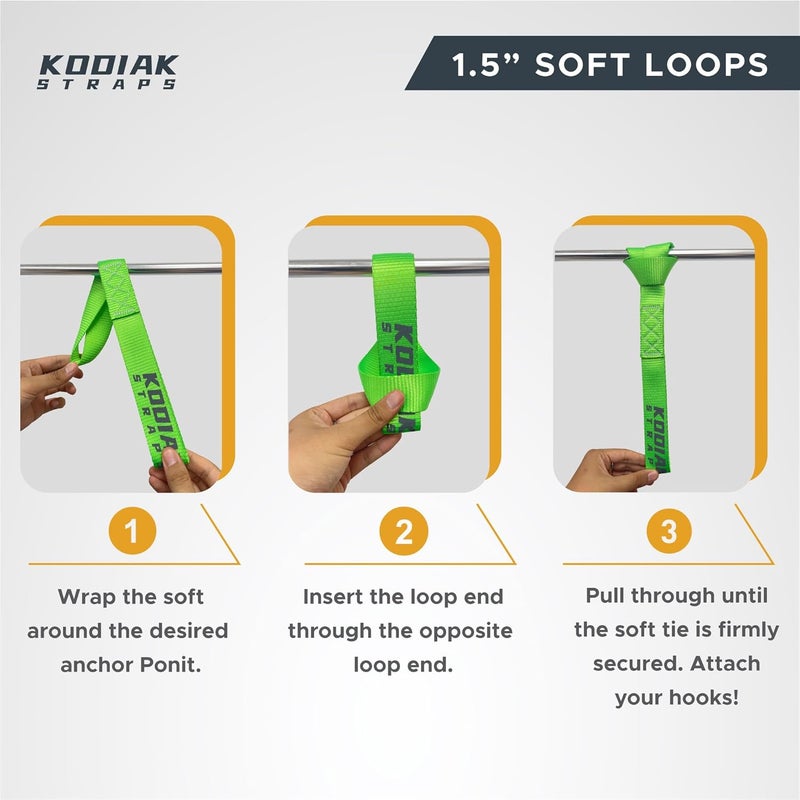 KODIAK STRAPS Soft Loop Tie Down - 1.5 x 18 inches - 10,000 lb Load Capacity - Green 6 Pack - Image 2