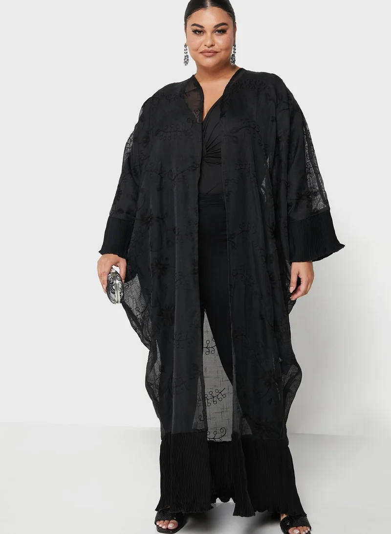 Hayas Closet Curve Embroidered Sheer Detail Abaya