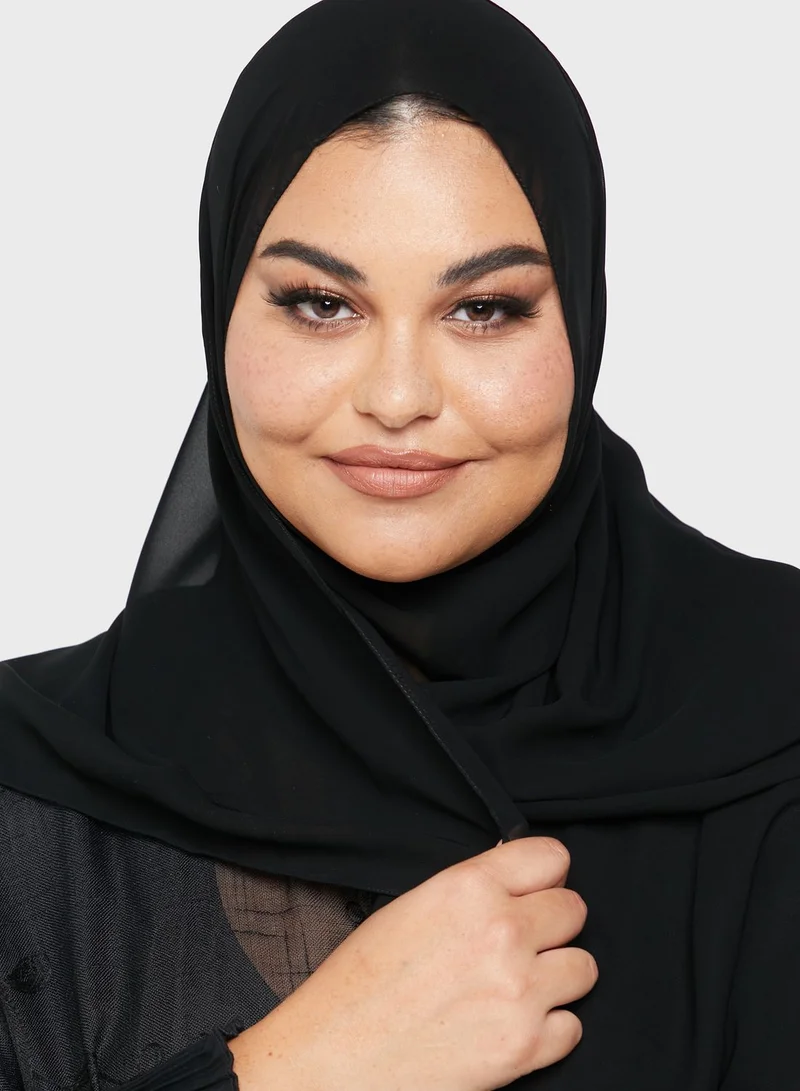 Hayas Closet Curve Embroidered Sheer Detail Abaya