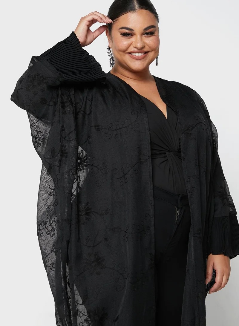 Hayas Closet Curve Embroidered Sheer Detail Abaya