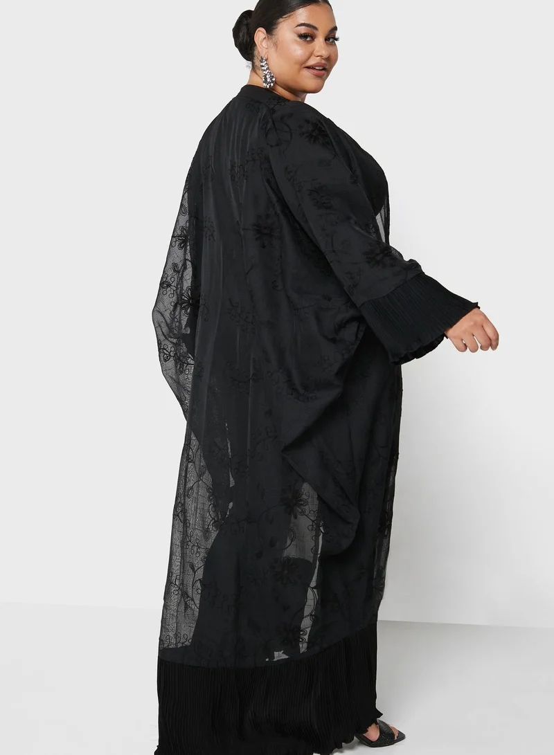 Hayas Closet Curve Embroidered Sheer Detail Abaya