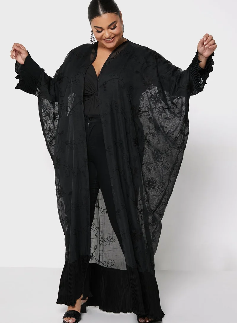 Hayas Closet Curve Embroidered Sheer Detail Abaya