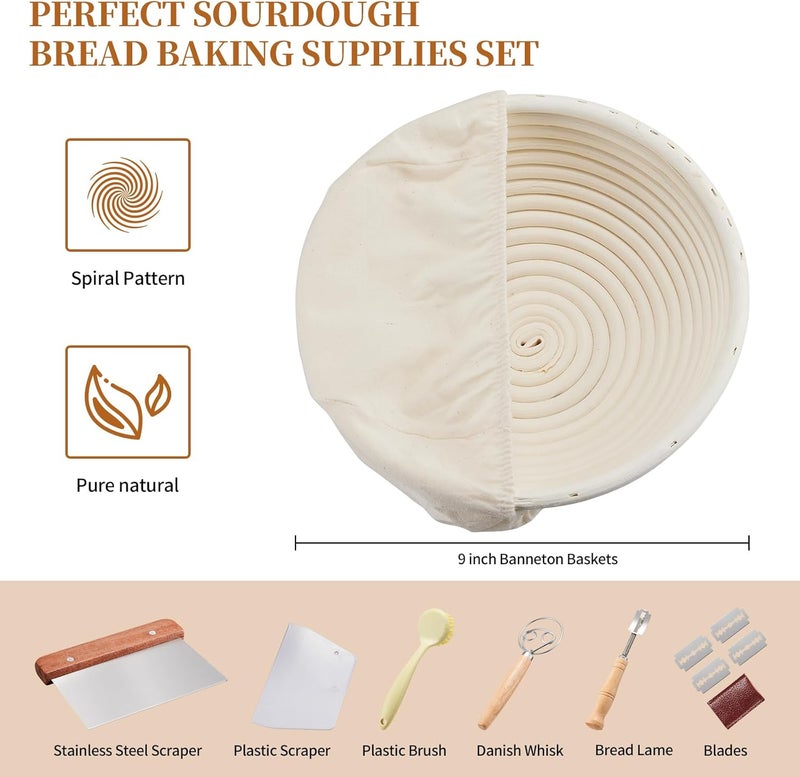 Dimpola Banneton Bread Proofing Basket Banneton Basket Set Sourdough Proofing Basket Round Proofing Bowls Handmade Rattan Baskets and Liners (Round 9 inch Baking Set) - Image 2