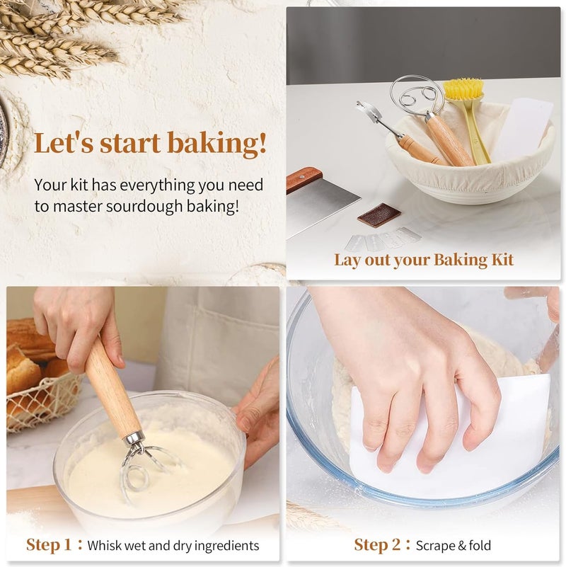 Dimpola Banneton Bread Proofing Basket Banneton Basket Set Sourdough Proofing Basket Round Proofing Bowls Handmade Rattan Baskets and Liners (Round 9 inch Baking Set) - Image 3