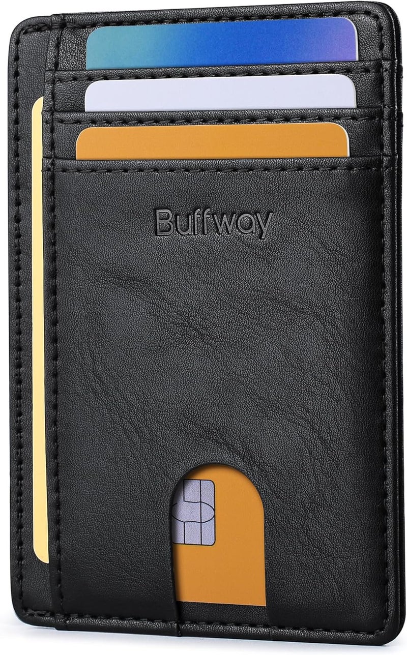 Buffway Slim Minimalist Front Pocket RFID Blocking Leather Wallets for Men and Women - Slate Black | Slim, Minimalist, Front Pocket, RFID Blocking - Image 1