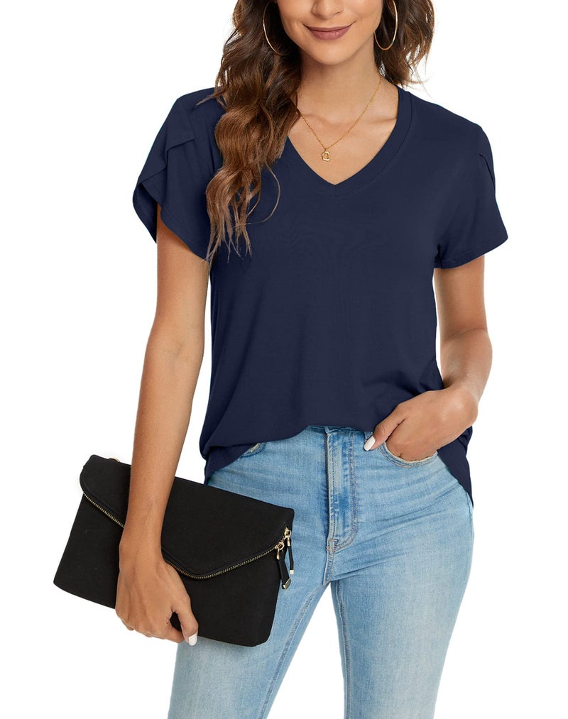 KUOTAI Going out Tops for Women Summer Casual V Neck Short Sleeve Tshirts(Navy blue, Medium) - Image 2