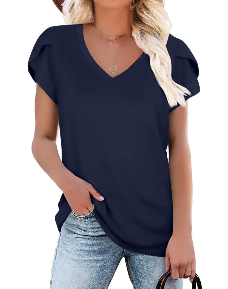 KUOTAI Going out Tops for Women Summer Casual V Neck Short Sleeve Tshirts(Navy blue, Medium) - Image 1