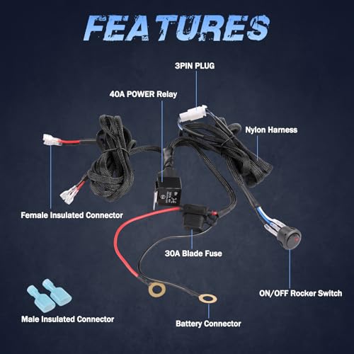 Fastchoy Auto Wiring Harness 2 Lead, Fastchoy Auto 12v Nylon LED Light Bar Wiring Harness Kit for Fog Lights LED Pods Light Bars with 40A Relay Fuse Rocker Switch Automotive Wire Harness Kit for Truck UTV ATV - Image 2