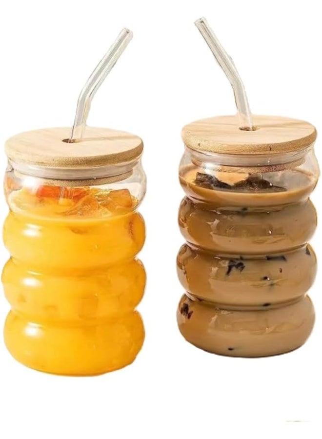 كوب زجاجي مع غطاء خشبي وقشة - مناسب للقهوة المثلجة والعصائر والمشروبات الساخنة والباردة (2) - Image 1