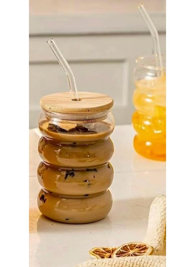 كوب زجاجي مع غطاء خشبي وقشة - مناسب للقهوة المثلجة والعصائر والمشروبات الساخنة والباردة (2) - Image 2