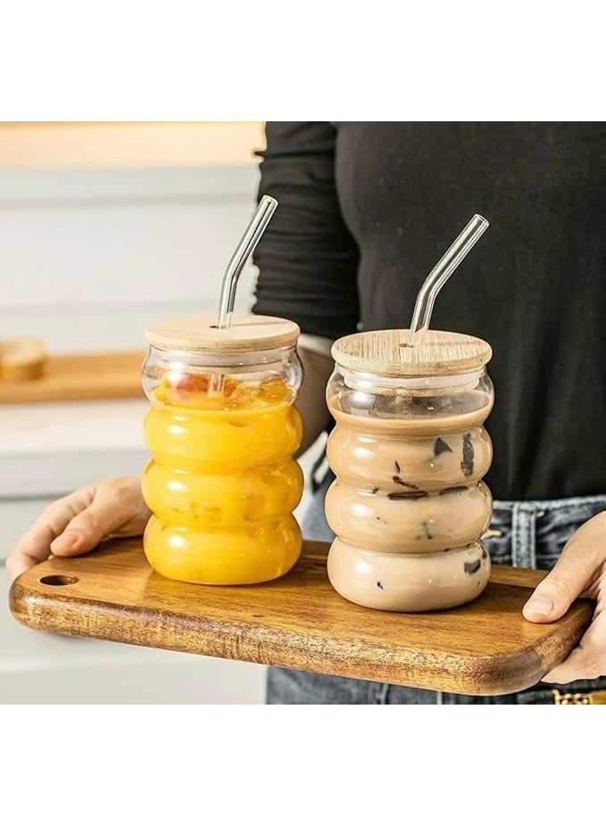 كوب زجاجي مع غطاء خشبي وقشة - مناسب للقهوة المثلجة والعصائر والمشروبات الساخنة والباردة (2) - Image 3