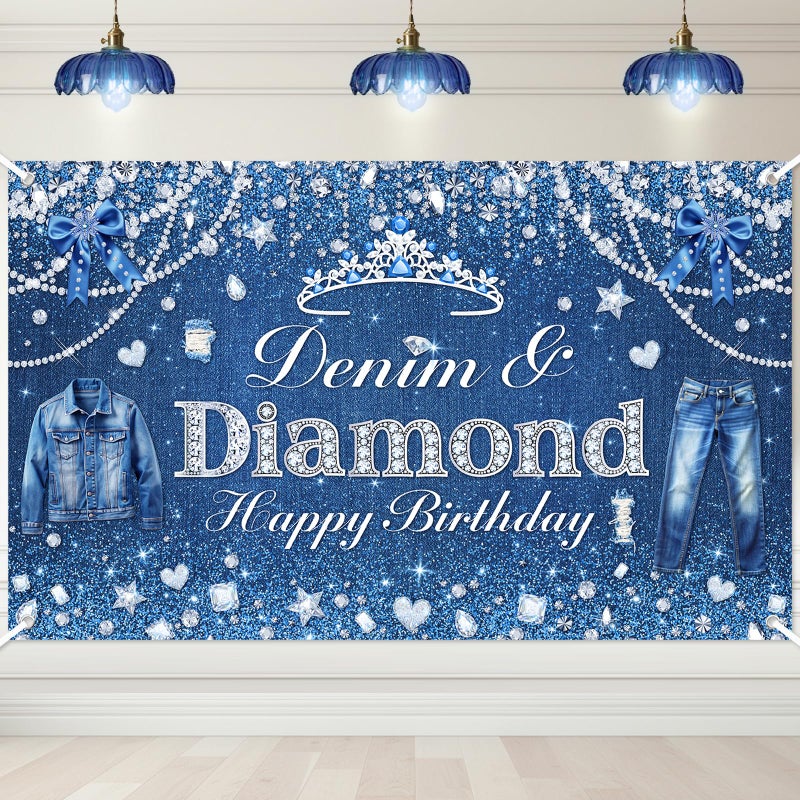 Avezano Denim and Diamonds Birthday Party Decorations Birthday Backdrop for Women Denim and Diamond Happy Bday Banner Crystal Party Supplies 6 x 3.6 ft - Image 1