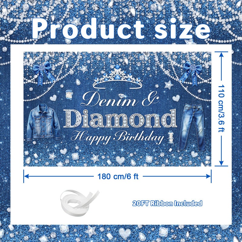 Avezano Denim and Diamonds Birthday Party Decorations Birthday Backdrop for Women Denim and Diamond Happy Bday Banner Crystal Party Supplies 6 x 3.6 ft - Image 4