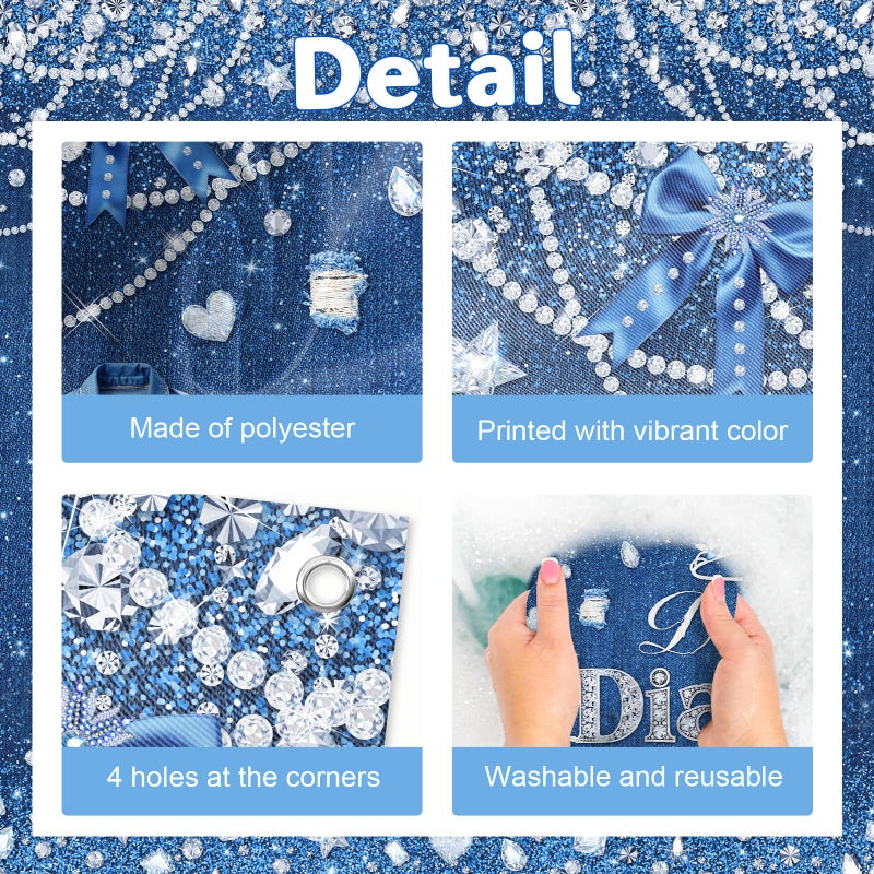 Avezano Denim and Diamonds Birthday Party Decorations Birthday Backdrop for Women Denim and Diamond Happy Bday Banner Crystal Party Supplies 6 x 3.6 ft - Image 5