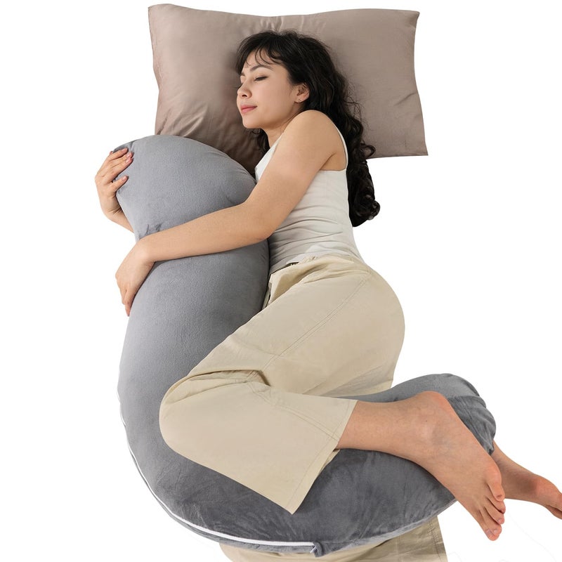 QUEEN ROSE Body Pillow for Side Sleepers, Soft Comfort S Shaped Hug Pillow for Adults, Full Body Support, Velvet Grey - Image 1