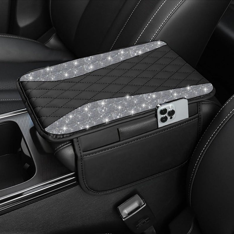 NBTEPEM Bling Car Center Console Cover, Leather Middle Console Cover with 2 Storage Bags, Universal Arm Rest Cover Protector, Bling Car Accessories Interior Fit for Most Vehicles, Silver Diamond - Image 1