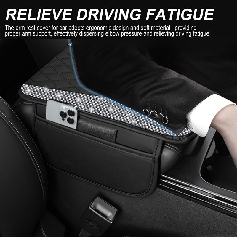 NBTEPEM Bling Car Center Console Cover, Leather Middle Console Cover with 2 Storage Bags, Universal Arm Rest Cover Protector, Bling Car Accessories Interior Fit for Most Vehicles, Silver Diamond - Image 4