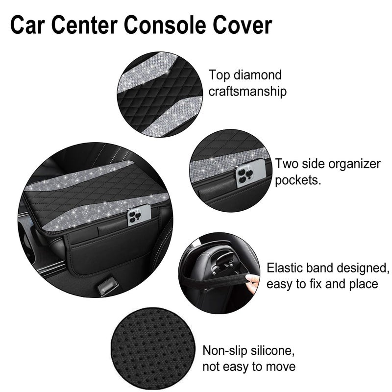 NBTEPEM Bling Car Center Console Cover, Leather Middle Console Cover with 2 Storage Bags, Universal Arm Rest Cover Protector, Bling Car Accessories Interior Fit for Most Vehicles, Silver Diamond - Image 3