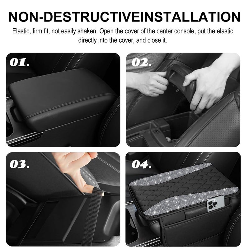 NBTEPEM Bling Car Center Console Cover, Leather Middle Console Cover with 2 Storage Bags, Universal Arm Rest Cover Protector, Bling Car Accessories Interior Fit for Most Vehicles, Silver Diamond - Image 5