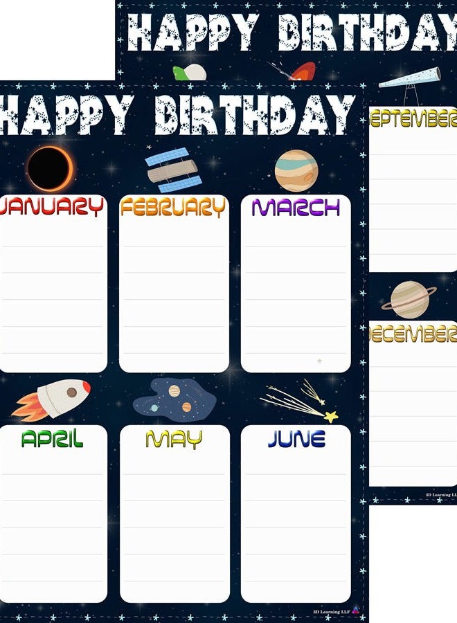 3D Learning LLF Space Birthday Charts- Laminated 14x19.5in. - Classroom Posters and Decorations, Back to School Supplies, Teachers' Posters for Preschool, Kindergarten, Elementary Classes, Home Decor, Kids Bedrooms - Image 1