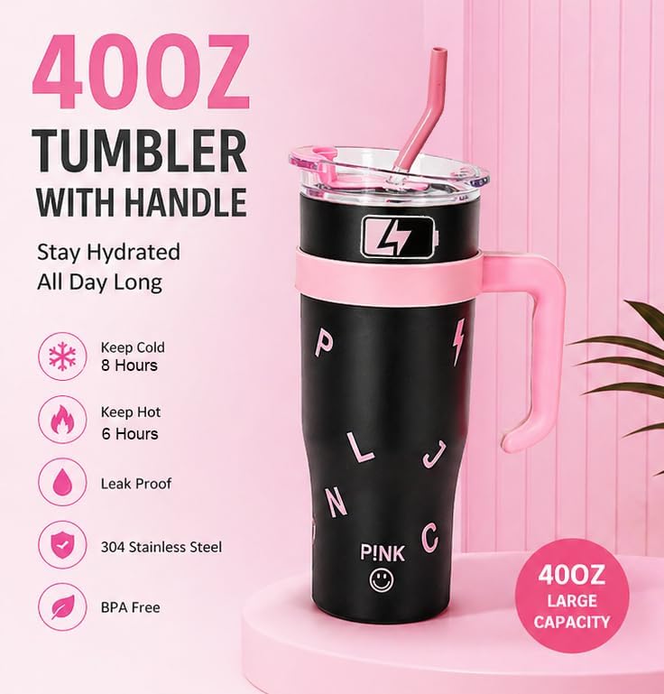 AoMige 40oz Printed Stainless Steel Tumbler with Handle & Straw Lid, Double Wall Vacuum Insulated Travel Mug, Cupholder Friendly Reusable Water Cup for Hot Cold Drinks, Gift for Men Women (black) - Image 2