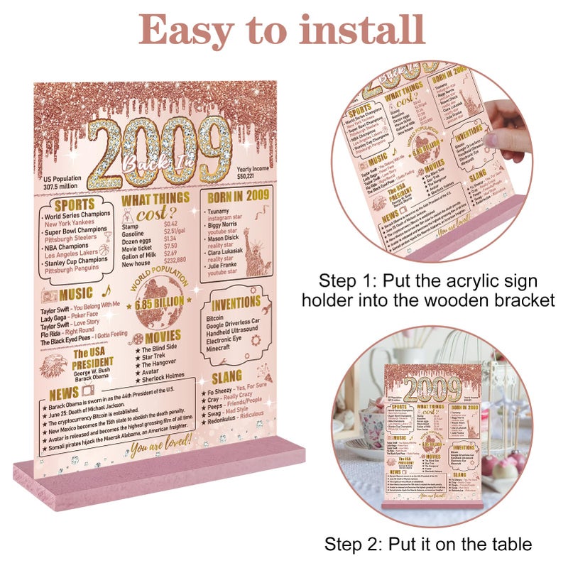 Bumqviy 16th Birthday Decorations Back in 2009 Table Sign for Girls  Pink Rose Gold Happy 16th Birthday Two-Sided Wooden Poster with Stand  Sweet 16 Year Old Birthday Gift Party Supplies - Image 3