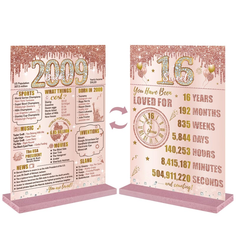 Bumqviy 16th Birthday Decorations Back in 2009 Table Sign for Girls  Pink Rose Gold Happy 16th Birthday Two-Sided Wooden Poster with Stand  Sweet 16 Year Old Birthday Gift Party Supplies - Image 1