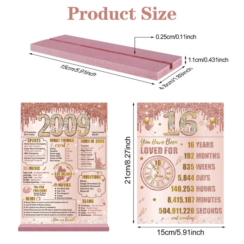 Bumqviy 16th Birthday Decorations Back in 2009 Table Sign for Girls  Pink Rose Gold Happy 16th Birthday Two-Sided Wooden Poster with Stand  Sweet 16 Year Old Birthday Gift Party Supplies - Image 2
