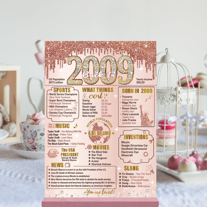 Bumqviy 16th Birthday Decorations Back in 2009 Table Sign for Girls  Pink Rose Gold Happy 16th Birthday Two-Sided Wooden Poster with Stand  Sweet 16 Year Old Birthday Gift Party Supplies - Image 4