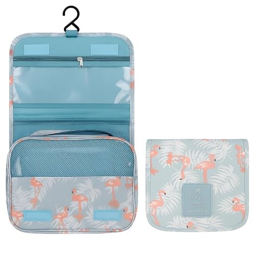 Nibbler Hanging Travel Toiletry Bag for Women & Men – Waterproof Organizer with Hook, Multiple Compartments, Flamingo Print – Ideal for Makeup, Shaving Kit, Cosmetics & Bathroom Essentials (Green) - Image 1