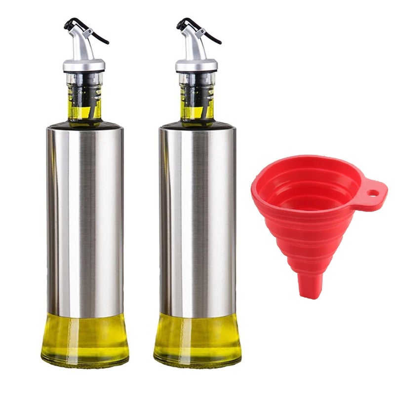 SQINELLI Italian Glass Oil dispenser 1000 ml Pack of 2 Steel Oil bottle for kitchen 1 Litre glass Oval transparent TT Steel 500 x 2 with Funnel - Image 1