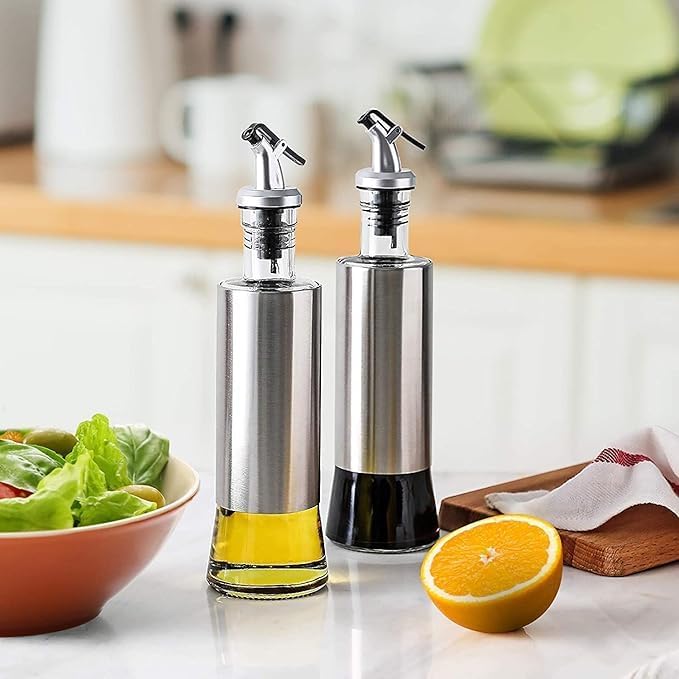SQINELLI Italian Glass Oil dispenser 1000 ml Pack of 2 Steel Oil bottle for kitchen 1 Litre glass Oval transparent TT Steel 500 x 2 with Funnel - Image 2