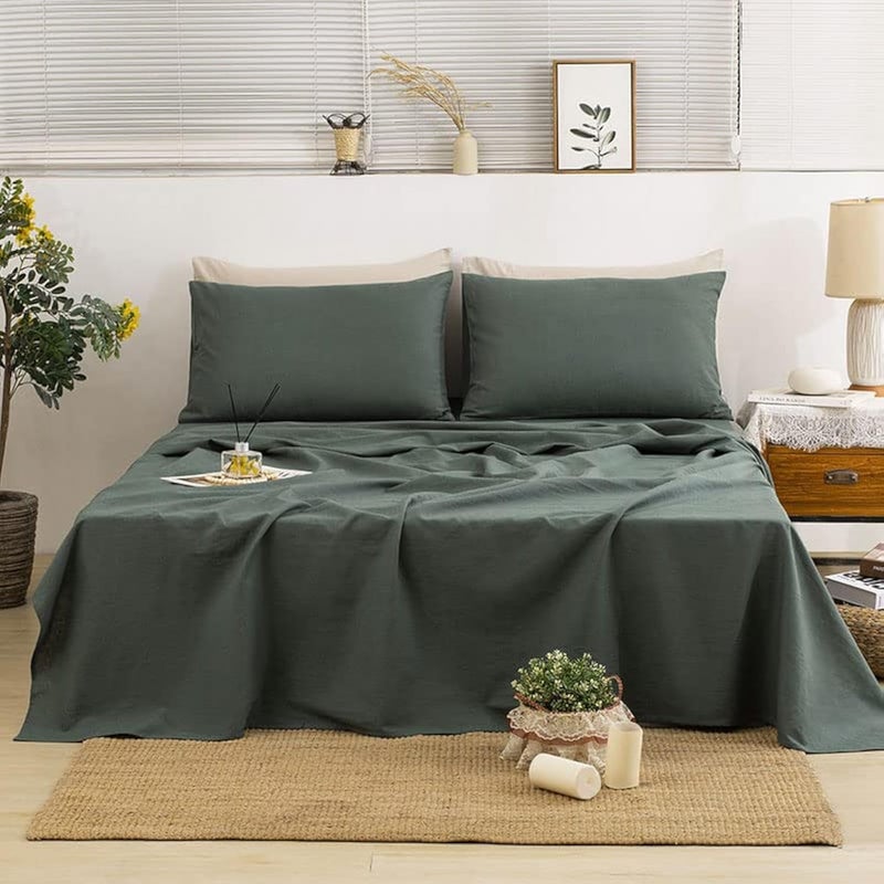 TUMEI 100 Linen Sheets Queen  4Pcs Green Linen Sheets Set Queen Size Bed Set with Soft Breathable and Durable Deep Pocket Fitted Sheet  Flat Sheet  2 Pillowcases