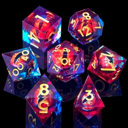 YEMEKO BeholderS Eye DND Dice Dragon Eye Liquid Core Sharp Edge Handmade Dice Set for Dungeons and Dragons Ttrpg MultiSided RPG Polyhedral Resin RoleplayingBlue Red - Image 1