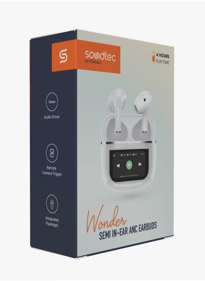 porodo - Wonder TWS Earphone with Touch Screen / Remote Camera Trigger / Integrated Flashlight / 4H Music Playback Time / Bluetooth V5.4 - White - Image 1