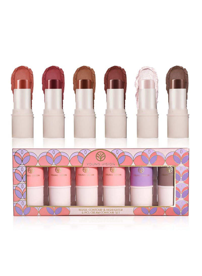 Cream Contour Stick Set - 6 Color Face Blush, Bronzer & Highlighter Makeup Collection, Blendable Putty Blush Palette, Lightweight & Perfect Gift for Women and Girls. - Image 1