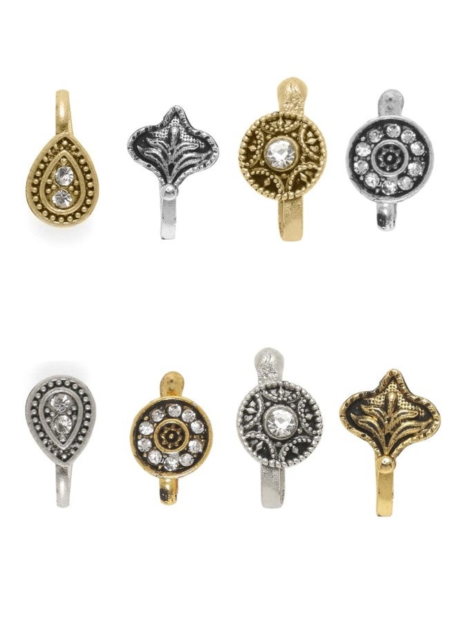 fabula by OOMPH Jewellery Combo of 8 Antique Gold & Oxidised Stones & Pearls Ethnic Traditional Nose Ring For Women & Girls Stylish Latest - Image 1