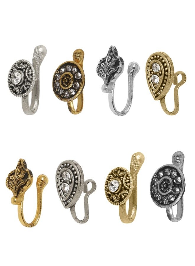 fabula by OOMPH Jewellery Combo of 8 Antique Gold & Oxidised Stones & Pearls Ethnic Traditional Nose Ring For Women & Girls Stylish Latest - Image 2